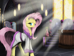 Size: 3392x2565 | Tagged: safe, artist:vinicius040598, fluttershy, g4, bathrobe, clothes, crepuscular rays, female, high res, robe, solo, spa