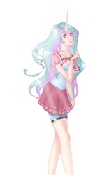 Size: 750x1280 | Tagged: safe, artist:161141, princess celestia, human, g4, clothes, dress, female, horn, horned humanization, humanized, simple background, solo