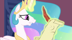 Size: 1280x720 | Tagged: safe, screencap, princess celestia, alicorn, pony, g4, the crystal empire, feather, glowing horn, horn, magic, quill, solo, telekinesis, worried, writing
