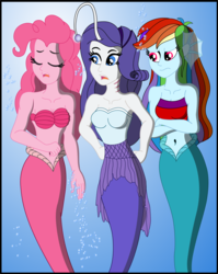 Size: 2413x3036 | Tagged: safe, artist:physicrodrigo, part of a set, pinkie pie, rainbow dash, rarity, angler fish, mermaid, series:equestria mermaids, equestria girls, g4, bandeau, belly button, bra, bubble, clothes, crossed arms, dress, earfins, eyes closed, gills, high res, mermaidized, midriff, ocean, part of a series, seashell bra, species swap, torn clothes, trio, underwater, underwear