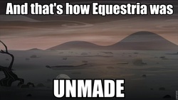 Size: 960x540 | Tagged: safe, edit, edited screencap, screencap, g4, the cutie re-mark, alternate timeline, and that's how equestria was made, and that's how equestria was unmade, ashlands timeline, barren, image macro, implied genocide, meme, no pony, post-apocalyptic, wasteland