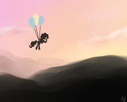 Size: 1280x1024 | Tagged: safe, artist:spontaneouspotato, pinkie pie, g4, balloon, sunrise, then watch her balloons lift her up to the sky