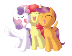 Size: 1024x795 | Tagged: safe, artist:dusthiel, apple bloom, scootaloo, sweetie belle, earth pony, pegasus, pony, unicorn, g4, blank flank, cute, cutie mark crusaders, eyes closed, female, filly, foal, open mouth, raised hoof, simple background, singing, spread wings, squishy cheeks, transparent background, trio, wings