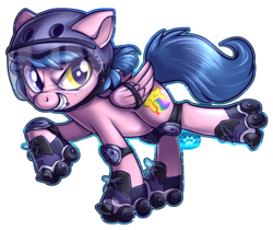 Size: 1200x1009 | Tagged: safe, artist:touchofsnow, oc, oc only, oc:star sick, pegasus, pony, gritted teeth, helmet, heterochromia, knee pads, lip piercing, piercing, raised hoof, roller derby, roller skates, simple background, solo, transparent background