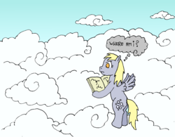 Size: 1676x1304 | Tagged: safe, artist:merkleythedrunken, derpy hooves, pony, g4, atlas, bipedal, cloud, female, map, sky, solo, standing, thought bubble