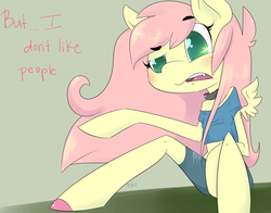 Size: 1400x1100 | Tagged: safe, artist:kittentoots, fluttershy, anthro, unguligrade anthro, g4, arm hooves, awkward, clothes, colored pupils, cute, cute little fangs, fangs, female, midriff, off shoulder, short shirt, shorts, shy, solo