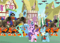 Size: 504x360 | Tagged: safe, artist:trungtranhaitrung, lightning dust, starlight glimmer, suri polomare, trixie, wind rider, pony, unicorn, g4, ak-74, banner, blushing, crossover, doctor eggman, egg pawn, eggman empire of equestria, female, gif, kirov airship, male, mare, non-animated gif, ponyville, red dawn, salute, sonic the hedgehog, sonic the hedgehog (series), tank (vehicle), wristband