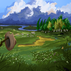 Size: 1024x1024 | Tagged: safe, artist:ba2sairus, cow, g4, applejack's hat, hat, meadow, no pony, river, scenery, stream