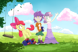 Size: 1024x683 | Tagged: safe, artist:ba2sairus, apple bloom, scootaloo, sweetie belle, human, pony, g4, clothes, converse, cutie mark crusaders, helmet, humanized, long skirt, looking at you, midriff, scooter, shirt, shocked, shoes, skirt, sneakers, swing, t-shirt, tank top, waving, wavy mouth, wide eyes
