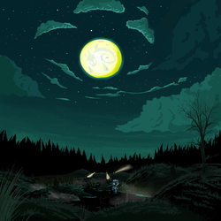 Size: 1024x1024 | Tagged: safe, artist:ba2sairus, screw loose, female, flashlight (object), forest, glowing eyes, hallucination, monster, moon, night, running, scenery, solo focus, water