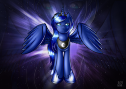 Size: 1024x731 | Tagged: safe, artist:ikuvaito, princess luna, g4, female, looking at you, solo, spread wings, stars