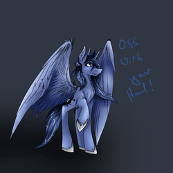 Size: 1000x1000 | Tagged: safe, artist:fire-scribe, princess luna, g4, chest fluff, female, large wings, raised hoof, s1 luna, solo, spread wings