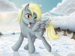 Size: 1600x1200 | Tagged: safe, artist:masdragonflare, derpy hooves, pegasus, pony, g4, female, glitter, mare, snow, solo, tree, winter