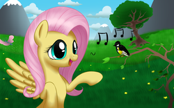 Size: 1600x1000 | Tagged: safe, artist:masdragonflare, fluttershy, bird, g4, singing