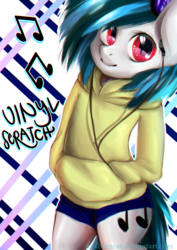 Size: 2507x3541 | Tagged: safe, artist:monochromacat, dj pon-3, vinyl scratch, semi-anthro, g4, clothes, earbuds, female, high res, hoodie, red eyes, solo, wrong eye color