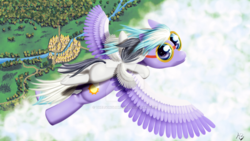 Size: 1024x576 | Tagged: safe, artist:thelivinglibrary, cloudchaser, rumble, pegasus, pony, g4, colt, duo, female, flying, foal, goggles, male, mare, obtrusive watermark, ponies riding ponies, ponyville, riding, rumble riding cloudchaser, spread wings, watermark, wings, wrong cutie mark