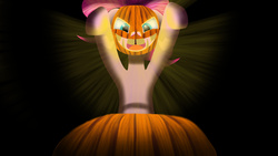 Size: 2560x1440 | Tagged: safe, artist:thelivinglibrary, pinkie pie, earth pony, pony, g4, black background, female, food, jack-o-lantern, pumpkin, simple background, solo