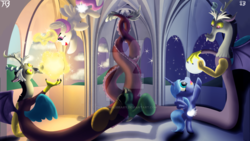 Size: 1024x576 | Tagged: safe, artist:thelivinglibrary, discord, princess celestia, princess luna, g4, female, filly, filly celestia, filly luna, moon, pink-mane celestia, royal sisters, sun, watermark, woona, younger