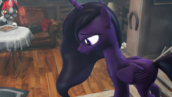 Size: 1024x576 | Tagged: safe, artist:maxressor, oc, oc only, oc:blackjack, oc:lacunae, alicorn, pony, unicorn, fallout equestria, fallout equestria: project horizons, 3d, artificial alicorn, bottle, fanfic, fanfic art, female, food, glasses, glowing horn, hooves, horn, levitation, magic, mare, purple alicorn (fo:e), sad, source filmmaker, telekinesis, wings