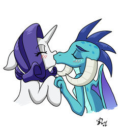 Size: 1006x1050 | Tagged: safe, artist:xenosaga428, edit, editor:iron steed, princess ember, rarity, dragon, pony, unicorn, g4, gauntlet of fire, blushing, cute, eyes closed, female, kiss on the lips, kissing, lesbian, mare, ship:emberity, shipping, simple background, white background