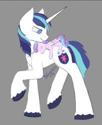 Size: 707x861 | Tagged: safe, artist:allforyouart, princess flurry heart, shining armor, alicorn, pony, unicorn, g4, eyes closed, father and daughter, flurry heart riding shining armor, ponies riding ponies, riding, sleeping