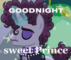 Size: 706x600 | Tagged: safe, prance (g4), undertone, pony, unicorn, g4, the mane attraction, background pony, eyes closed, glowing horn, horn, magic, male, ponified, prince (musician), rest in peace, rest in purple, stallion