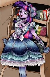 Size: 1024x1582 | Tagged: safe, artist:ponygoddess, part of a set, twilight sparkle, equestria girls, g4, beautiful, bow, clothes, cute, digitally colored, dress, female, frills, hair bow, happy, lolita fashion, reflective, ribbon, smiling, solo, stockings, sweet lolita