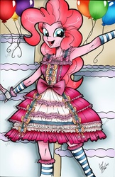 Size: 1024x1582 | Tagged: safe, artist:ponygoddess, part of a set, pinkie pie, equestria girls, g4, armpits, beautiful, bow, clothes, cute, digitally colored, dress, female, frills, gloves, happy, lolita fashion, party, reflective, ribbon, smiling, solo, stockings, sweet lolita