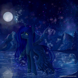 Size: 2000x2000 | Tagged: safe, artist:alicesmitt31, princess luna, pony, g4, female, full moon, high res, mare, moon, mountain, night, reflection, solo, spread wings, water, wet