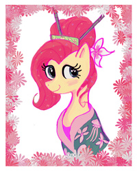 Size: 660x825 | Tagged: safe, artist:praysforaprankster, fluttershy, g4, alternate hairstyle, chopsticks in hair, clothes, female, flower, flower in hair, kimono (clothing), kushi kanzashi, solo