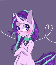 Size: 2000x2300 | Tagged: safe, artist:silbersternenlicht, starlight glimmer, pony, unicorn, g4, alternate hairstyle, bell, bell collar, bipedal, blushing, bow, collar, cute, female, glimmerbetes, heart, high res, mare, solo