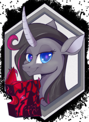 Size: 1199x1637 | Tagged: safe, artist:kyokimute, oleander (tfh), classical unicorn, them's fightin' herds, book, bust, colored pupils, community related, female, horn, lidded eyes, looking at you, portrait, smiling, smiling at you, solo, unicornomicon