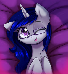 Size: 3030x3287 | Tagged: safe, artist:magnaluna, oc, oc only, oc:thunderstorm, pony, unicorn, female, glasses, high res, looking at you, on back, request, solo, tongue out, unicorn oc