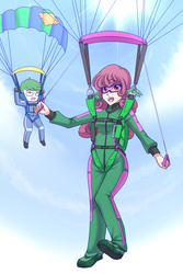 Size: 1280x1913 | Tagged: safe, artist:jonfawkes, oc, oc only, oc:software patch, oc:windcatcher, human, clothes, commission, falling, flying, goggles, humanized, humanized oc, jumpsuit, parachute, skydiving, windpatch, wing ears