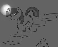 Size: 1280x1024 | Tagged: safe, artist:vulapa, spike, twilight sparkle, g4, cyoa, cyoa:life in ponyville, glowing horn, grayscale, horn, magic, monochrome, story included
