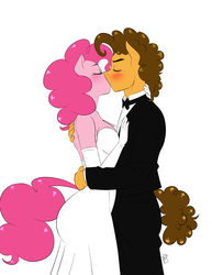 Size: 900x1164 | Tagged: safe, artist:pia-sama, cheese sandwich, pinkie pie, earth pony, anthro, g4, clothes, dress, female, french kiss, heartwarming in hindsight, kissing, male, marriage, ship:cheesepie, shipping, straight, wedding, wedding dress