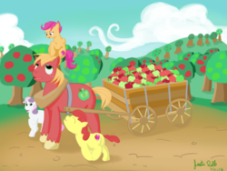 Size: 3600x2700 | Tagged: safe, artist:rallsyart, apple bloom, big macintosh, scootaloo, sweetie belle, earth pony, pony, g4, on your marks, cutie mark, cutie mark crusaders, female, filly, high res, male, ponies riding ponies, pony hat, riding, scene interpretation, scootahat, scootaloo riding big macintosh, stallion, sweet apple acres, the cmc's cutie marks