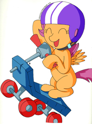 Size: 800x1079 | Tagged: safe, artist:passer-in-the-storm, scootaloo, pegasus, pony, g4, bipedal, bipedal leaning, blank flank, eyes closed, female, filly, foal, happy, helmet, leaning, open mouth, scooter, signature, simple background, solo, spread wings, white background, wings