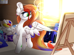 Size: 4100x3066 | Tagged: safe, artist:madacon, oc, oc only, pegasus, pony, easel, paint, paintbrush, painting, palette, solo, spread wings, wing hold, wings