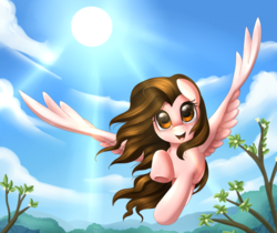 Size: 2550x2142 | Tagged: safe, artist:pridark, oc, oc only, pegasus, pony, branches, cloud, female, flying, high res, lens flare, looking up, mare, mountain, open mouth, sky, smiling, solo, spread wings, sun, underhoof, wings