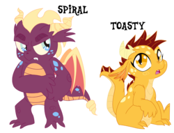 Size: 1000x764 | Tagged: safe, artist:dbkit, oc, oc only, oc:spiral, oc:toasty, dragon, baby dragon, duo, offspring, parent:garble, parent:princess ember, parents:emble, simple background, transparent background