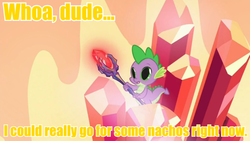 Size: 720x405 | Tagged: safe, screencap, spike, g4, gauntlet of fire, bloodstone scepter, bloodstoned spike, chips, dragon lord spike, food, image macro, male, meme, munchies, nachos, solo, yellow text