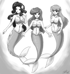 Size: 1500x1575 | Tagged: safe, artist:johnjoseco, rarity, human, mermaid, g4, belly button, big breasts, breasts, busty rarity, cleavage, crossover, disney, female, grayscale, humanized, jewelry, long hair, mermarity, midriff, misty (pokémon), monochrome, pokémon, princess ariel, seashell, the little mermaid