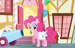 Size: 5000x3197 | Tagged: safe, artist:rainbownspeedash, pinkie pie, g4, female, invitation, looking at you, mouth hold, party cannon, saddle bag, solo, vector