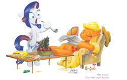 Size: 2001x1261 | Tagged: safe, artist:andy price, idw, applejack, rarity, earth pony, pony, unicorn, g4, apple, art is magic, chair, chips, coffee, duo, duster, female, food, mare, messy, sandwich, tea, the odd couple