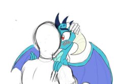 Size: 1998x1327 | Tagged: safe, artist:frikdikulous, princess ember, oc, oc:anon, dragon, human, g4, blushing, clothes, colored, female, human male, kissing, male, simple background, straight, surprise kiss