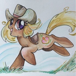 Size: 599x597 | Tagged: safe, artist:sara richard, oc, oc only, hat, saddle, solo, traditional art