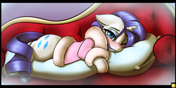 Size: 3600x1800 | Tagged: dead source, safe, artist:captainpudgemuffin, rarity, pony, unicorn, g4, bathrobe, bedroom eyes, blushing, captainpudgemuffin is trying to murder us, clothes, commission, couch, cute, draw me like one of your french girls, female, looking at you, mare, one eye closed, pillow, raribetes, robe, smiling, solo, sweet dreams fuel