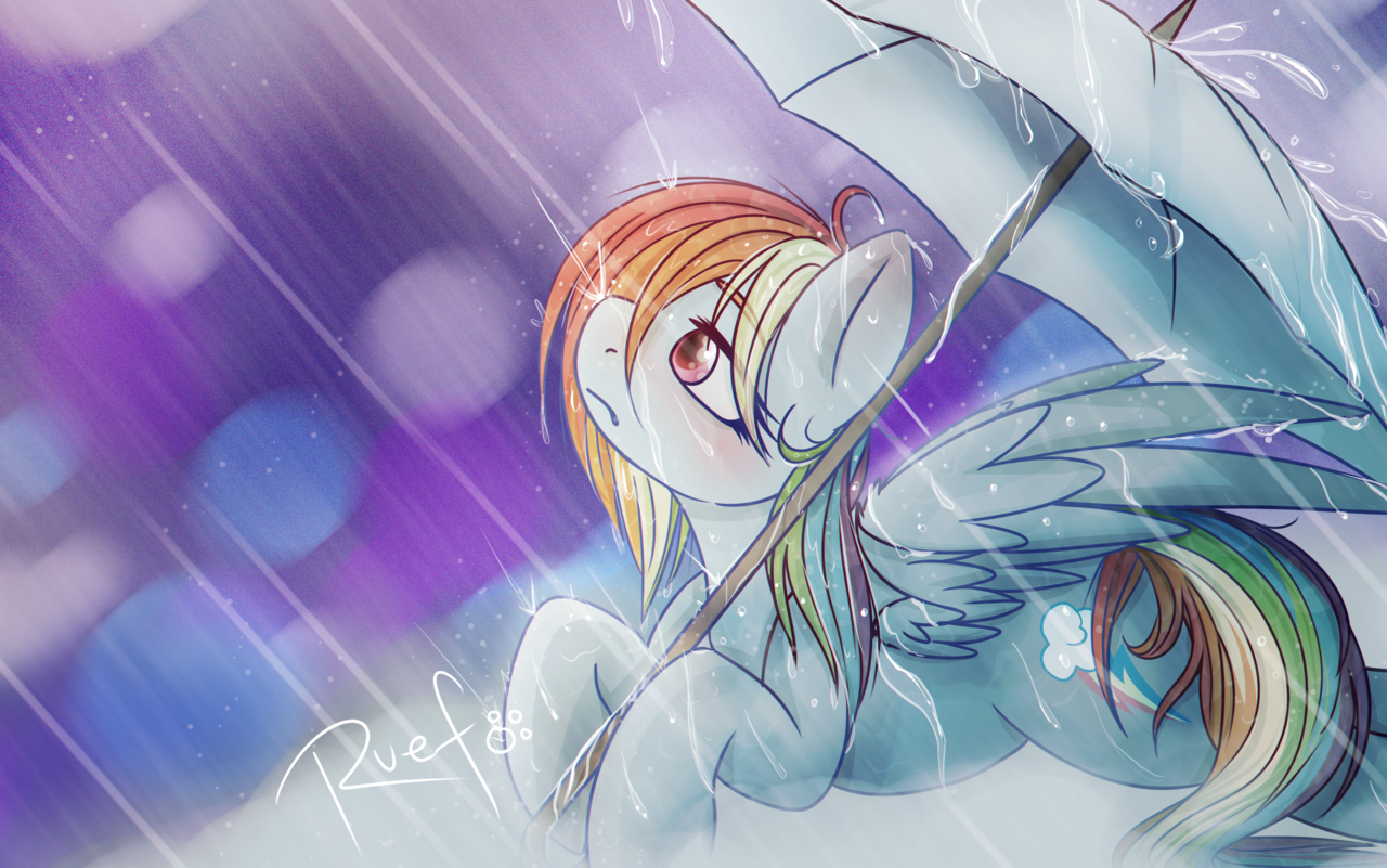 #1137454 - safe, artist:ruef, <b>rainbow</b> dash, g4, blushing, female, rain, sol...