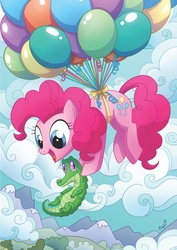 Size: 2550x3600 | Tagged: safe, artist:agnes garbowska, gummy, pinkie pie, pony, g4, art is magic, balloon, cute, diapinkes, high res, open mouth, then watch her balloons lift her up to the sky